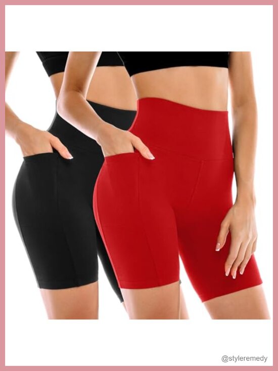Pants - 2 Pack High Waisted Tummy Control Biker Shorts with Pockets